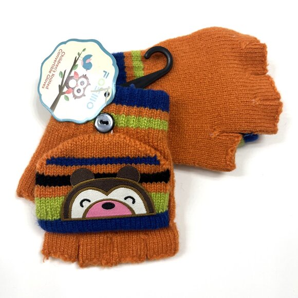 Children's (5-8 yrs) Knit Convertible Mitten Gloves - Bear - Orange/ Navy- NWT - Picture 1 of 5